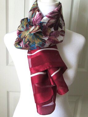 Burgundy Floral Sheer Scarf Italy 100% Polyester Vintage Soft Elegant
